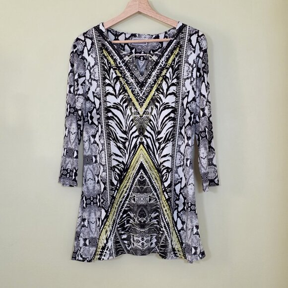 JM Collection Tunic Top Women M Multicolor 3/4 Sleeve V Neck Geo Snake Print 90s - Picture 1 of 14